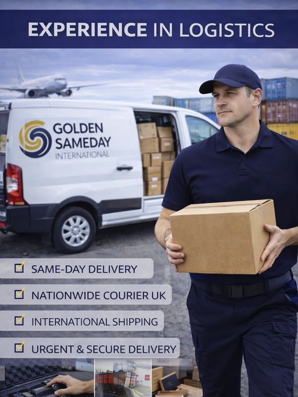 Courier holding a package by logistics van with delivery service highlights.