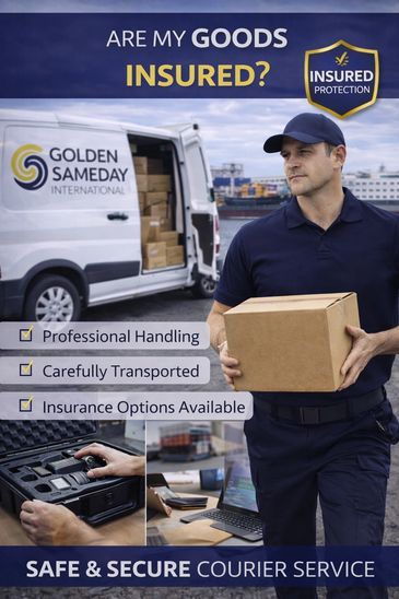 Courier holding a package promoting insured, professional, and secure delivery services.