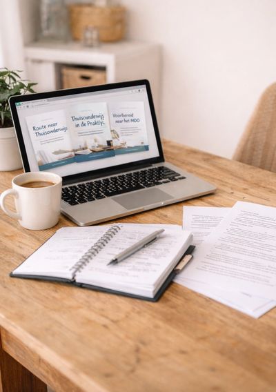 A laptop, coffee cup, open notebook, and papers on a wooden desk.