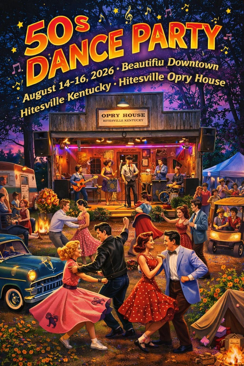 Colorful 1950s dance party with lively couples and a live band at the Hitesville Opry House.