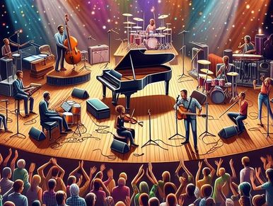 Live jazz band performance on stage with an enthusiastic audience.