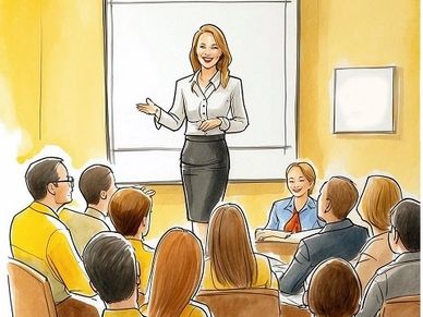 A woman presenting to an audience in a meeting room.