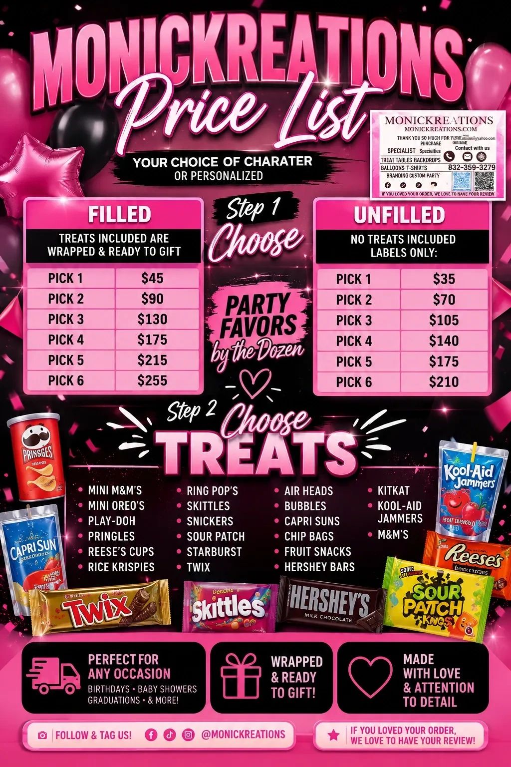 Monickreations offers customizable party favors with filled or unfilled options and a variety of treats, perfect for any occasion.