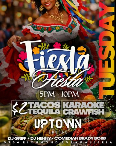 Colorful fiesta event poster with tacos, karaoke, and drinks at Uptown Lounge.