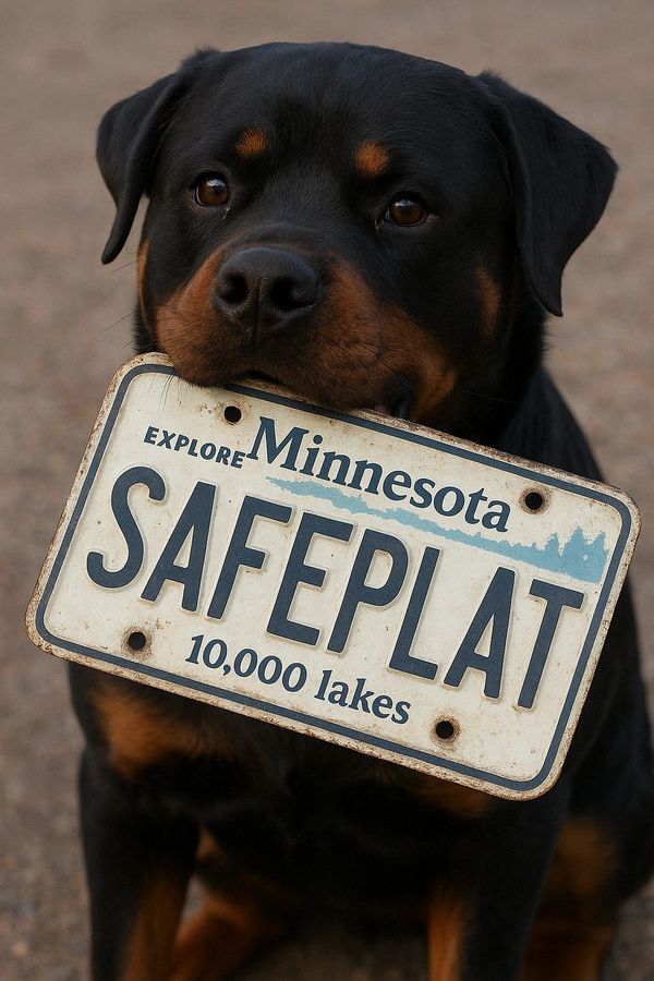 Rottweiler holding a Minnesota license plate that says SAFEPLAT.