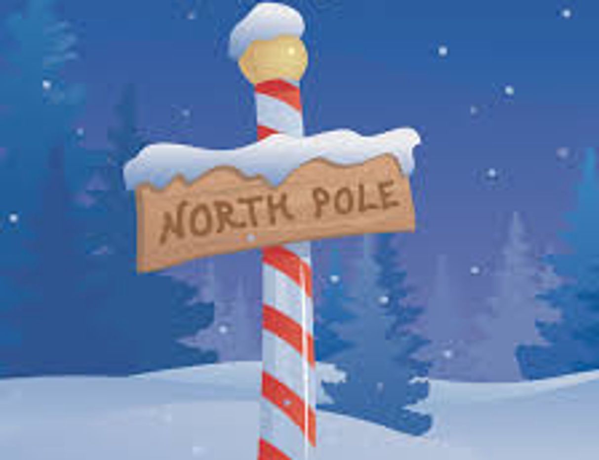 Snow-covered North Pole sign on a striped pole.