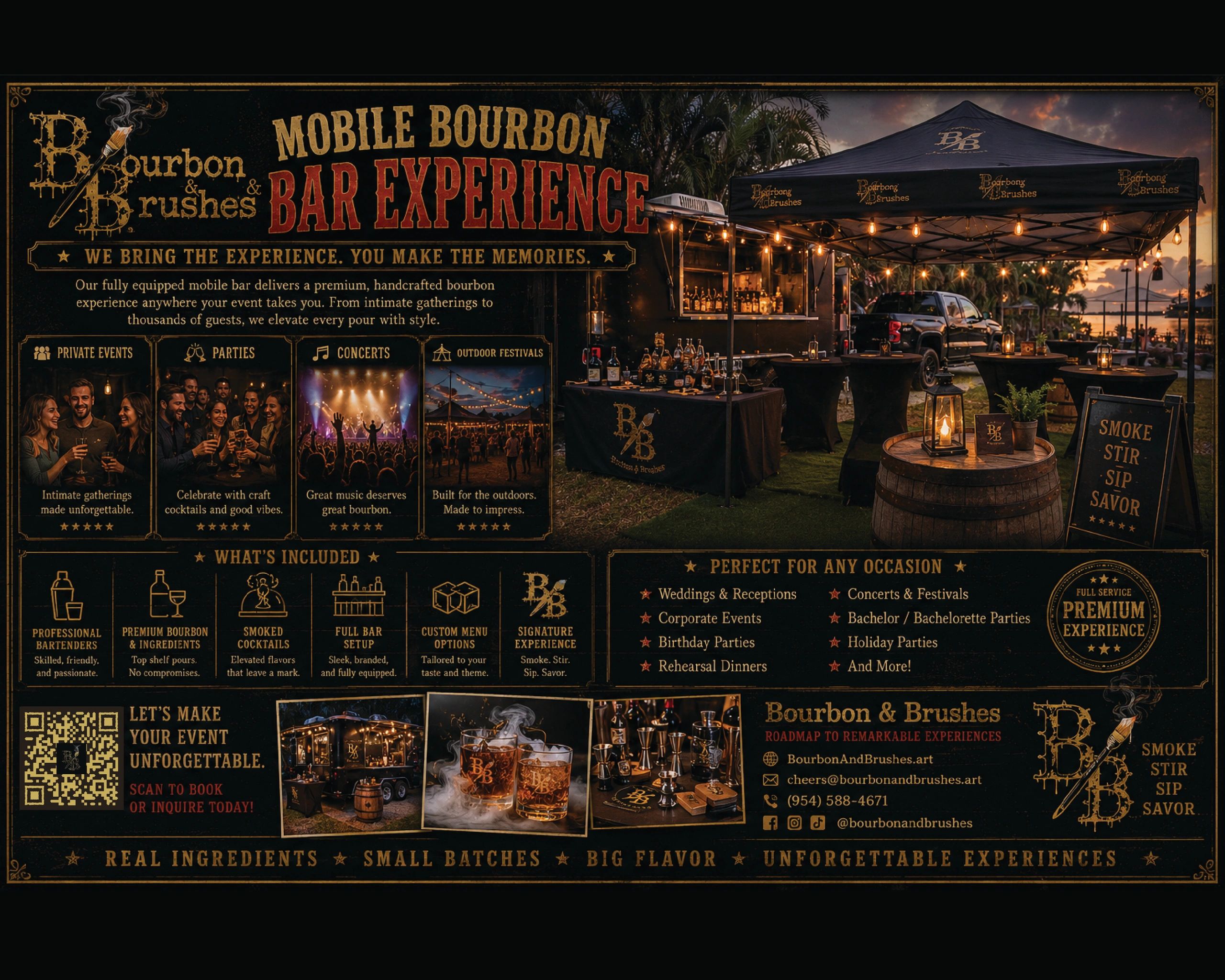 Mobile bourbon bar setup with tents and warm lighting at sunset.
