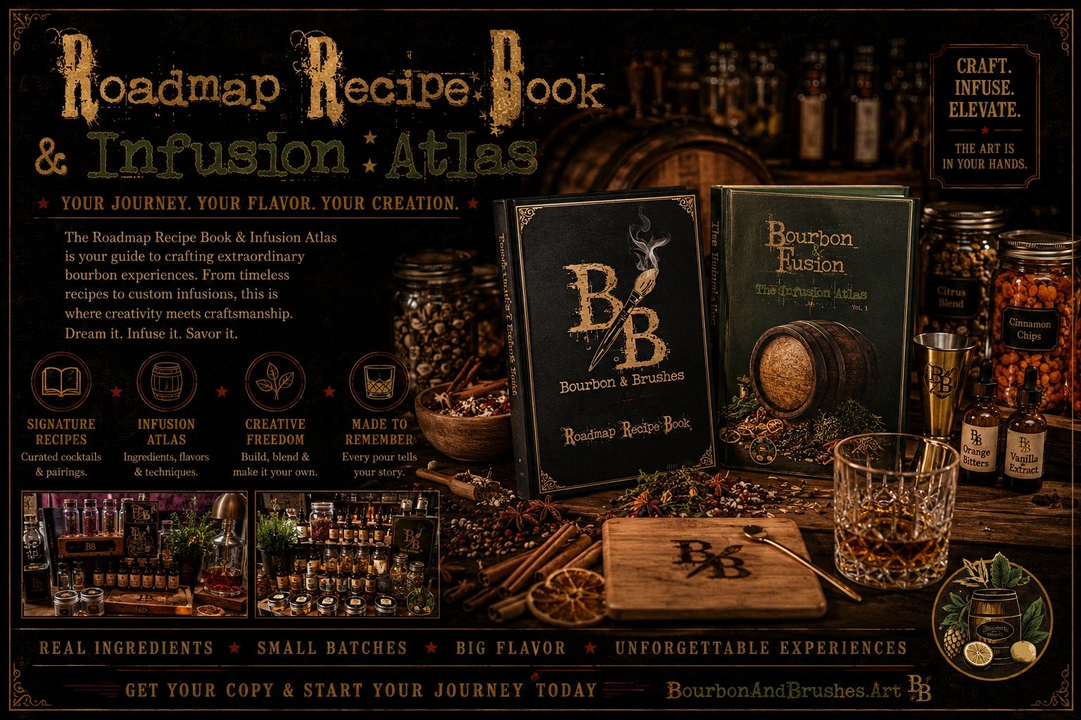 Bourbon &amp; Brushes Roadmap Recipe Book and Infusion Atlas with ingredients and tools for crafting cocktails.
