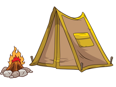 A brown camping tent with a small campfire beside it.