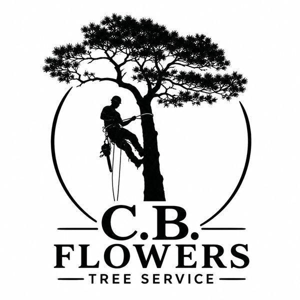 Logo of C.B. Flowers Tree Service with a tree climber silhouette.