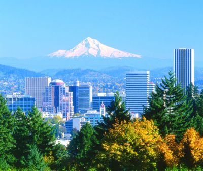 City skyline with a snow-capped mountain in the background.