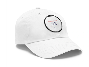 White baseball cap with golf-themed emblem.