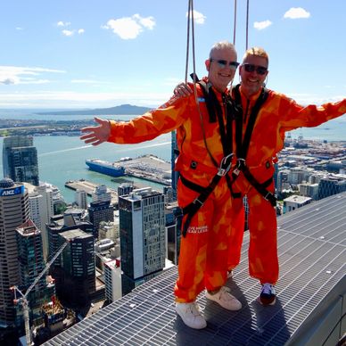 two men standing on the Skywalk at Skytower Auckland