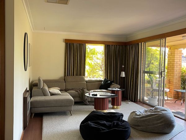 Modern table, chair, and art.