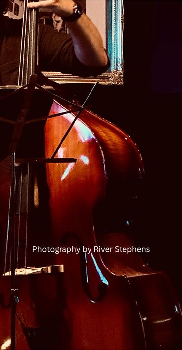 Close-up of a person playing a double bass with dramatic lighting.