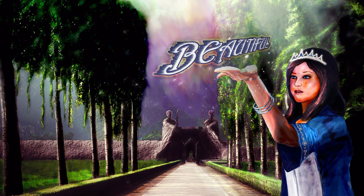 A crowned woman in blue conjures the word 'BEAUTIFUL' in a magical forest pathway.