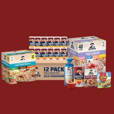 Various Quaker oats and granola products arranged on a red background.