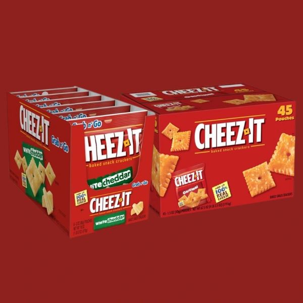 Boxes of Cheez-It crackers, including a 45-pouch pack and white cheddar variety.
