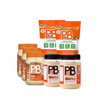 Various PBfit peanut butter powder containers and packets arranged together.
