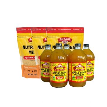 Bottles of Bragg Organic Raw Apple Cider Vinegar with Nutritional Yeast packets.