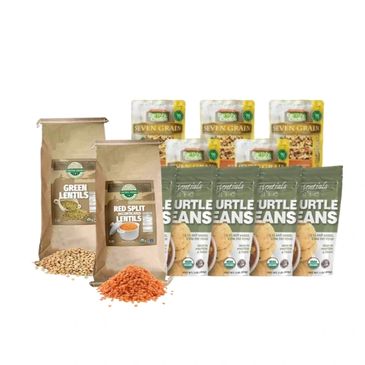 Organic lentils, beans, and multigrain packs arranged in a group.