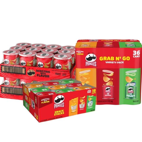 Pringles variety pack with 36 cans and snack stacks in colorful packaging.