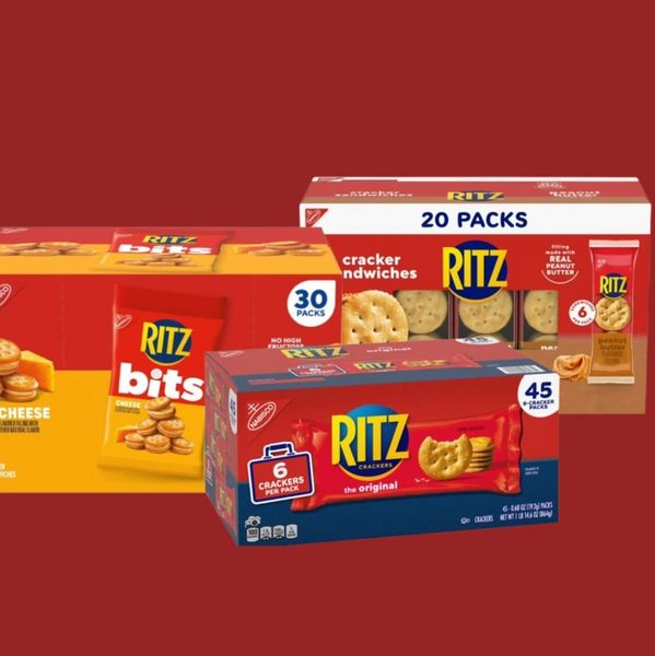 Assorted Ritz cracker product boxes against a red background.