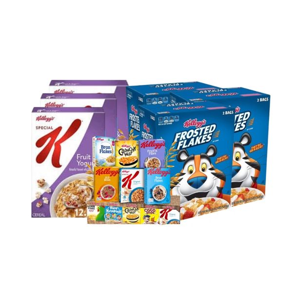 Assortment of Kellogg's cereal boxes including Frosted Flakes and Special K.