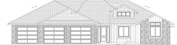 Architectural sketch of a single-story house with a three-car garage and detailed roof design.