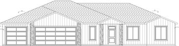 Black and white line drawing of a single-story house facade with three garage doors.