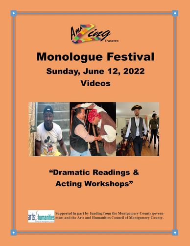 Poster for AmaZing Theatre's 2022 Monologue Festival with drama and acting workshops.
