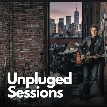 Musician playing guitar in urban alley with city skyline backdrop.