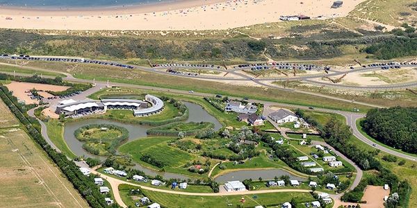 Aerial view of a coastal area with a beach, greenery, and buildings.
