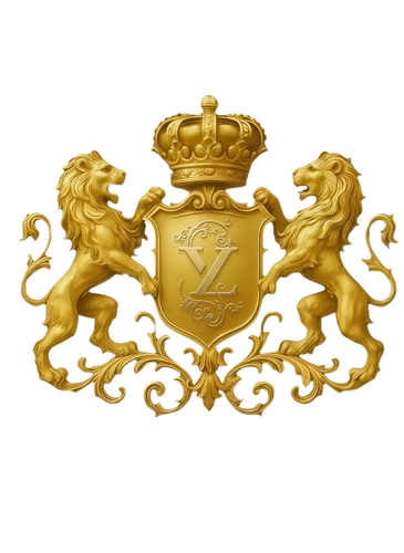 Golden royal crest with two lions and a crown.