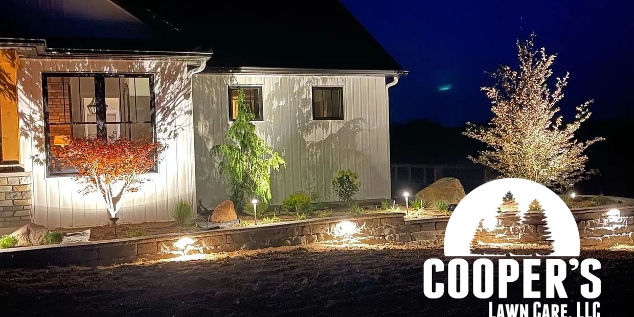 Night view of a house with illuminated landscaping and trees.