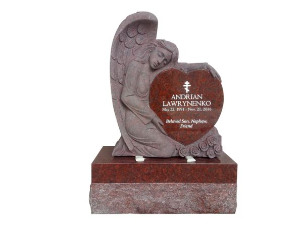 Red Granite Headstone Read Headstone Angel Carvings Flowers on Granite