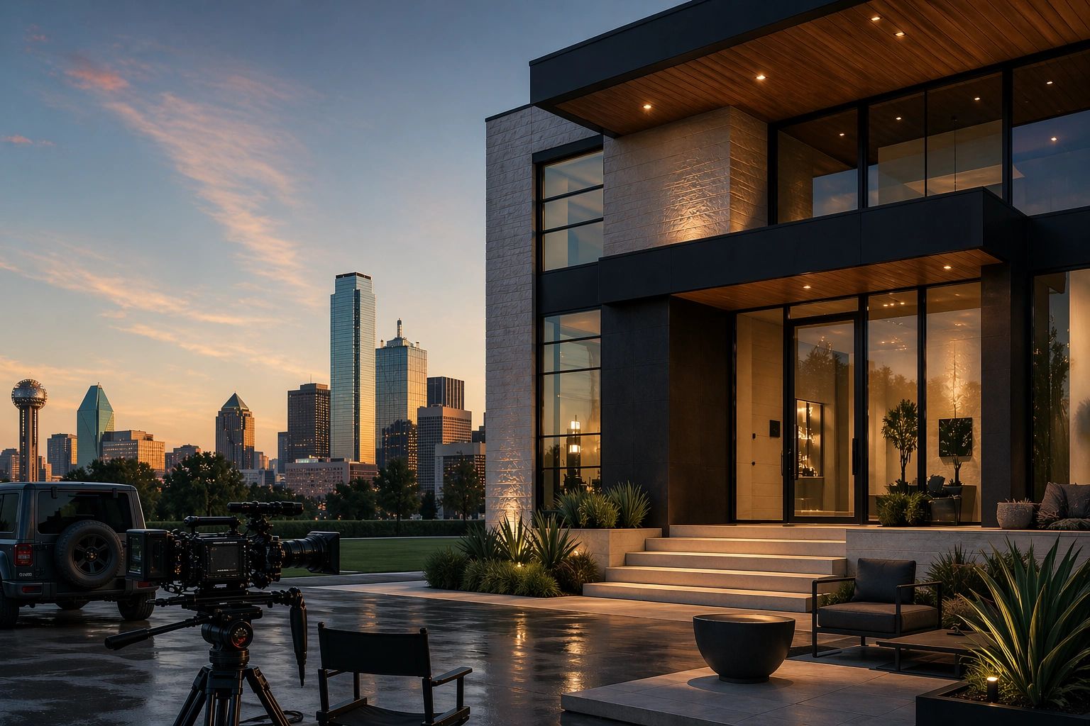 Modern house exterior with city skyline at sunset and film equipment setup outside.