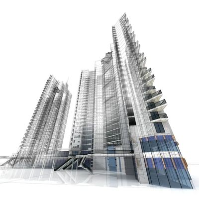 Wireframe architectural rendering of modern high-rise buildings.
