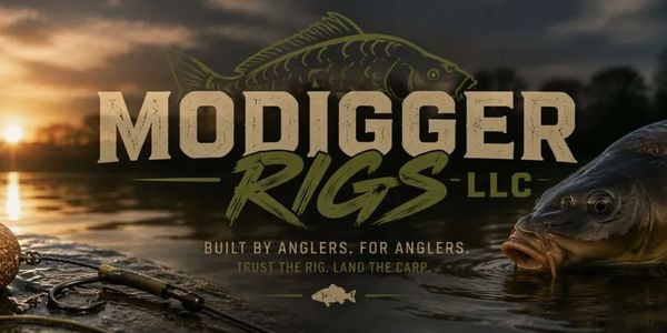 Logo for Modigger Rigs LLC with fishing theme and carp illustration.