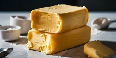 Two blocks of butter stacked with a butter knife and salt in the background.