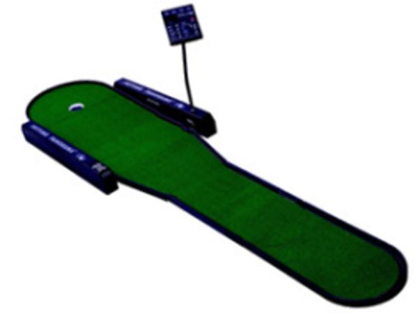 Indoor mini golf putting green with digital scoreboard.
