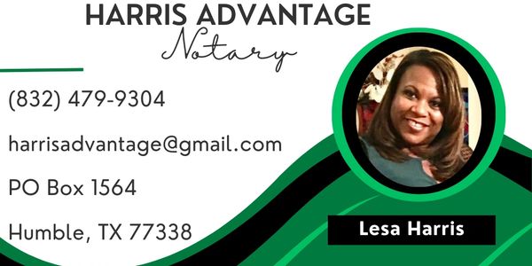 Business card for Lesa Harris, a notary in Humble, TX.