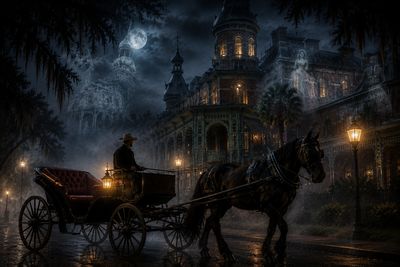 Horse carriage near a haunted mansion at night.