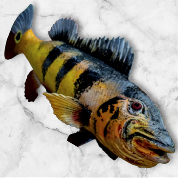 Colorful fish sculpture with detailed fins and stripes.
