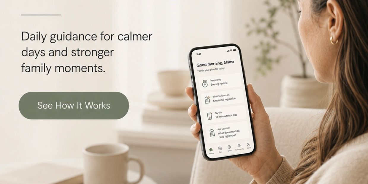 Person holding a phone showing daily family guidance app.