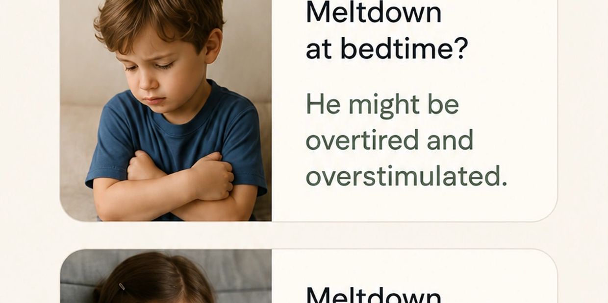 Upset children and text about overstimulation at bedtime.