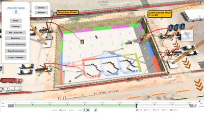 3D construction site model with labeled features and interactive controls.