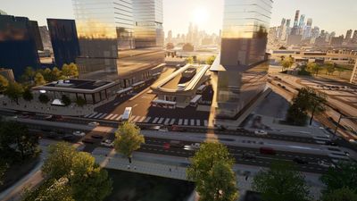 Sunset over a modern urban highway with reflective skyscrapers and city skyline.