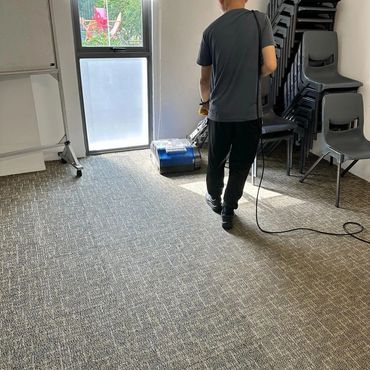 Person cleaning carpet with machine in a room.