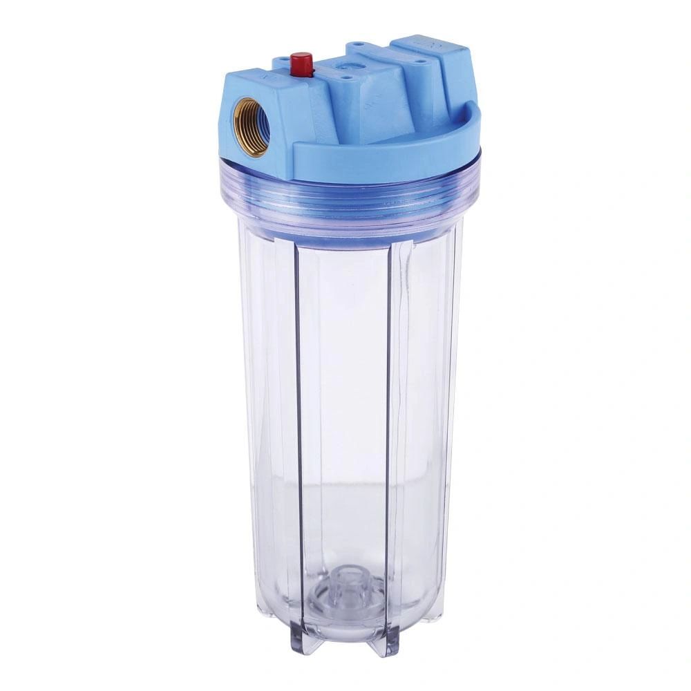 Clear plastic water filter housing with blue top and brass threaded inlet.